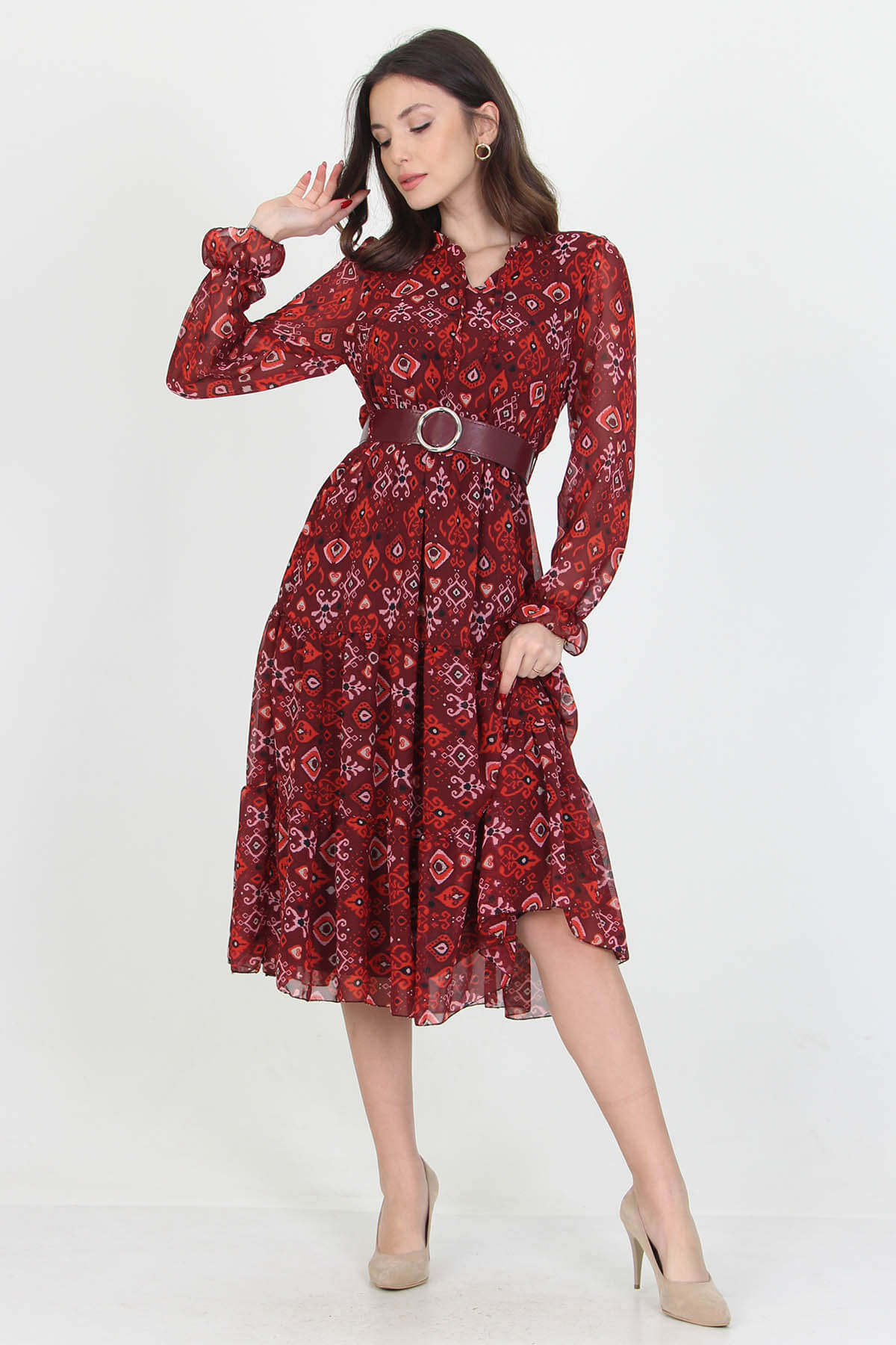 Patterned Chiffon Dress With Belt