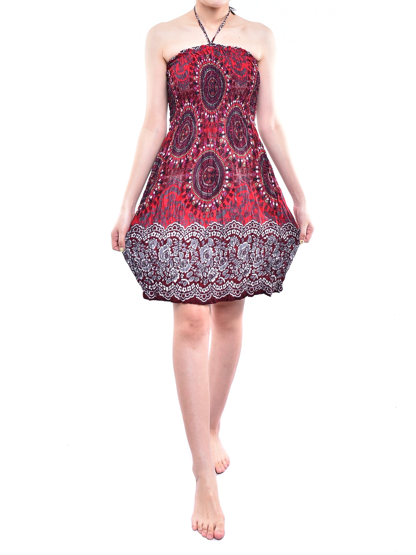 Bohotusk Red Sun Glow Print Short Mini Dress With Tie Neck