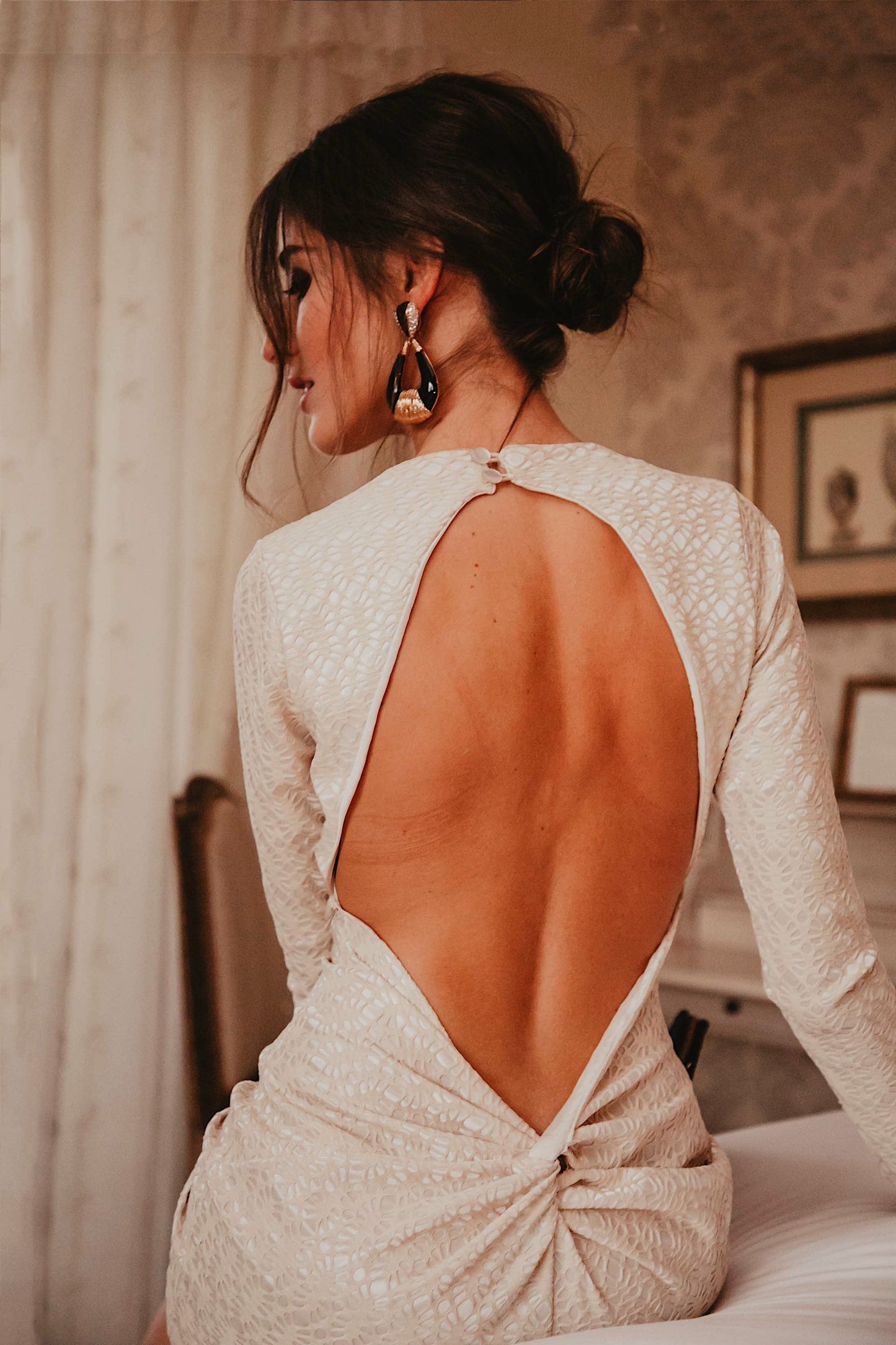 Ivory Long Sleeve Backless Dress