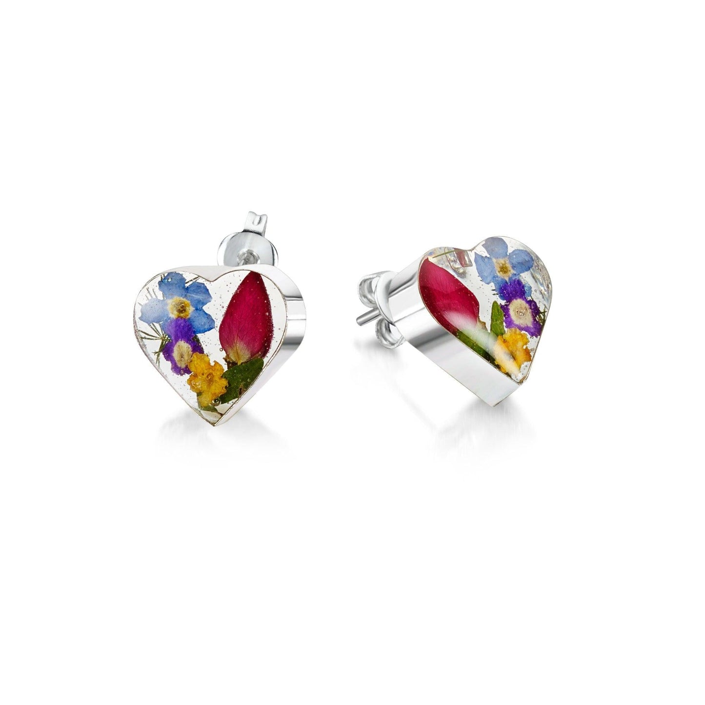 Sterling silver heart stud earrings handmade with real flowers.