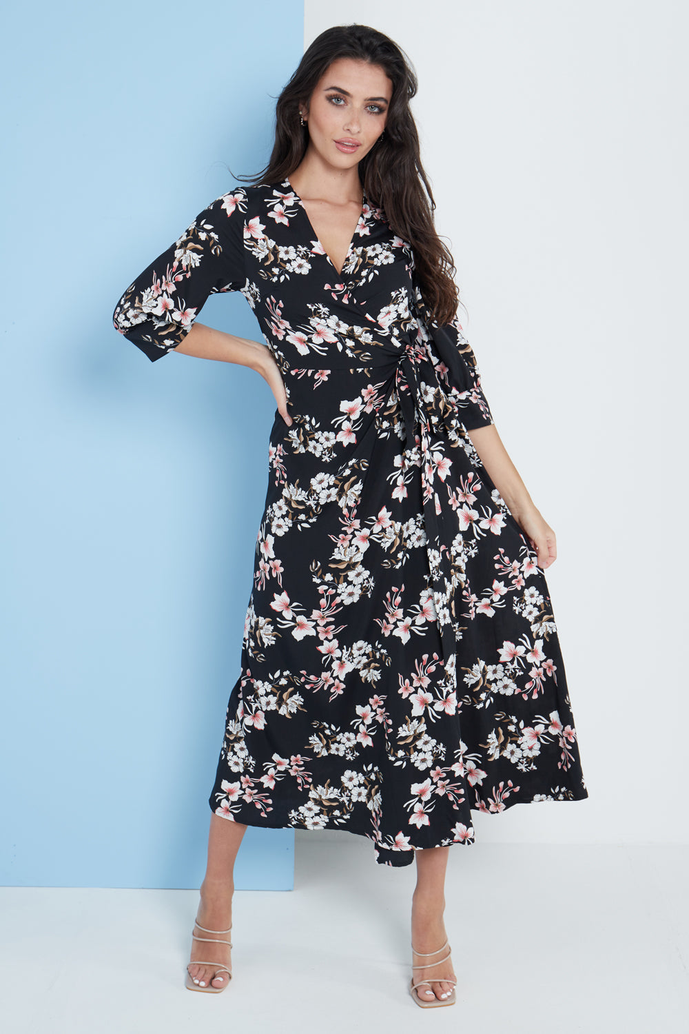 Midi Wrap Dress in Black Floral Print