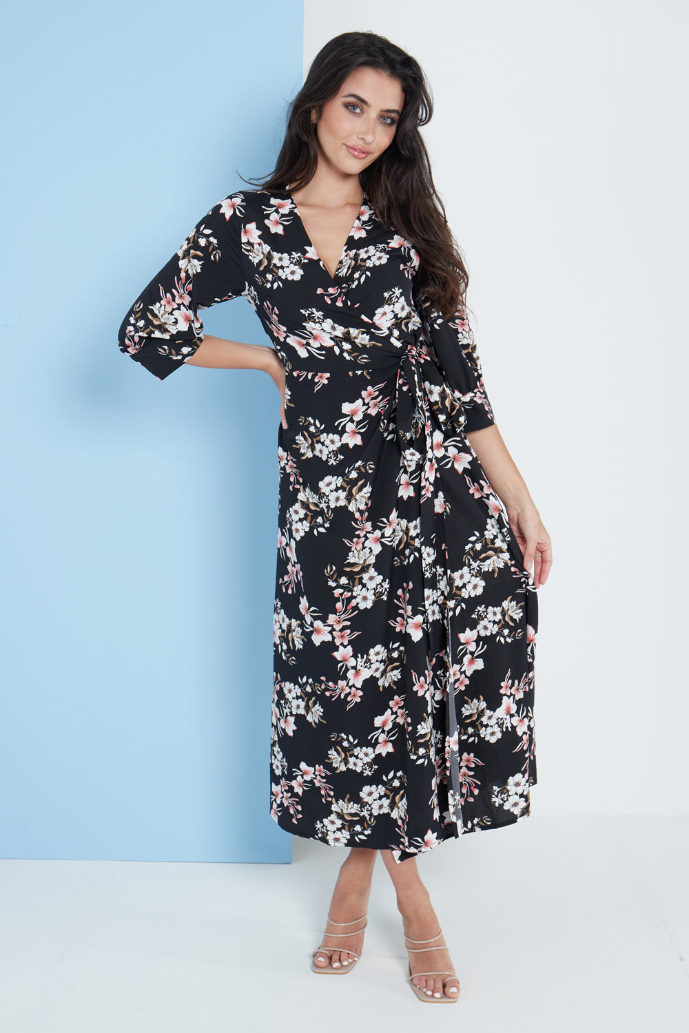 Midi Wrap Dress in Black Floral Print