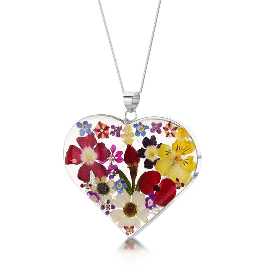 Sterling silver heart necklace handmade with real flowers by Shrieking