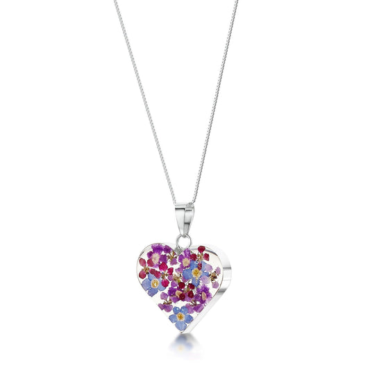 Sterling Silver Heart Pendant with tiny purple flowers - Purple Haze