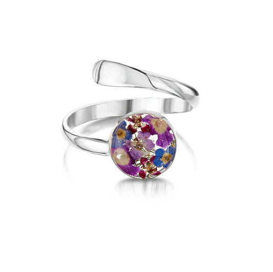 Sterling silver adjustable ring handmade with Purple Verbenas and